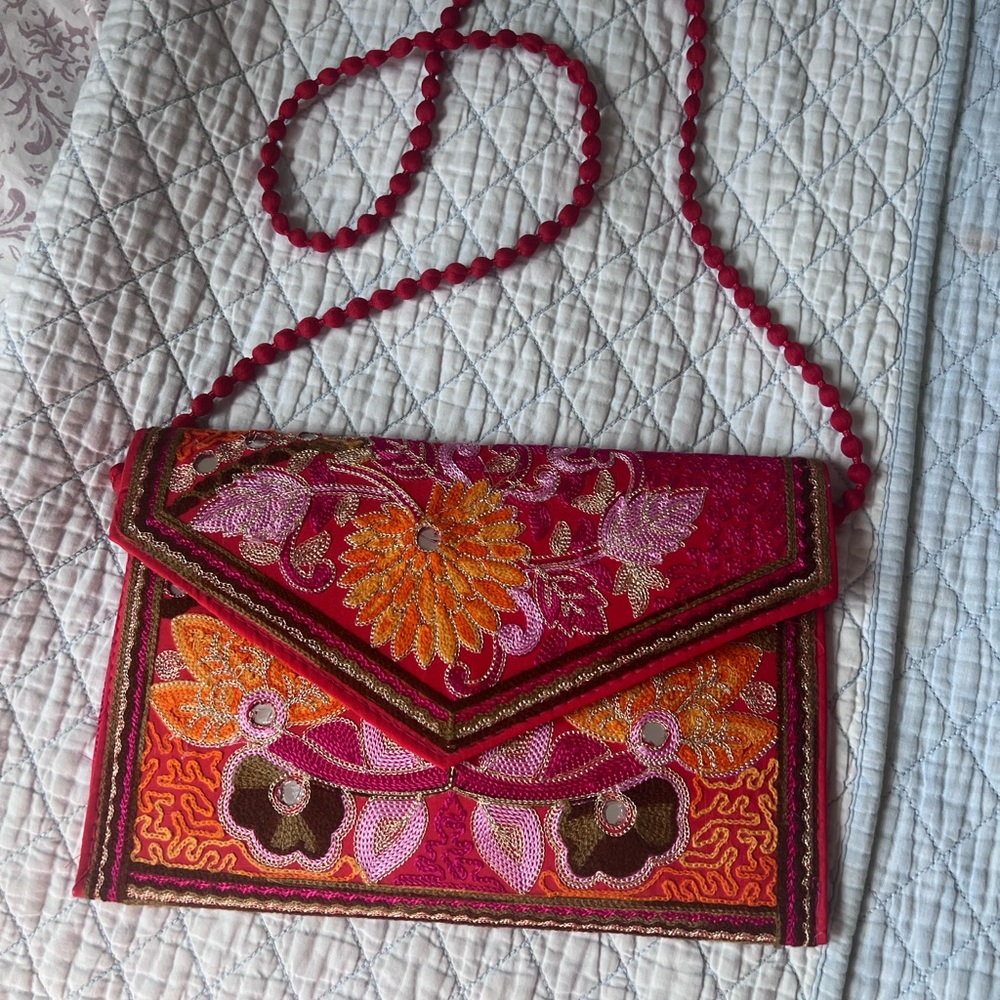 Embroidered Floral Envelope Crossbody Bag in Fuchsia Pink and Orange
